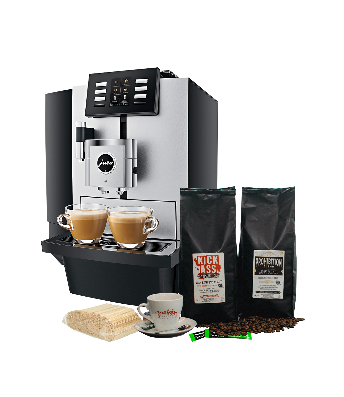Deux sacs de café en grain et une machine automatique à café